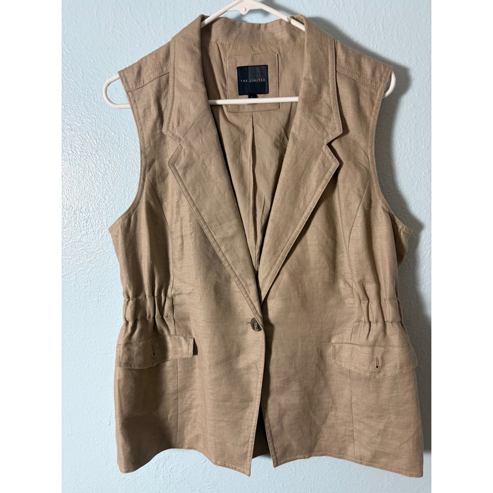 The Limited Women Tan Linen Safari Vest Utility Jacket L Quiet Luxury Minimalist